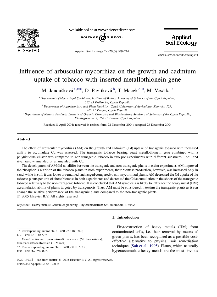 Influence of arbuscular mycorrhiza on the growth and cadmium uptake of tobacco with inserted metallothionein gene