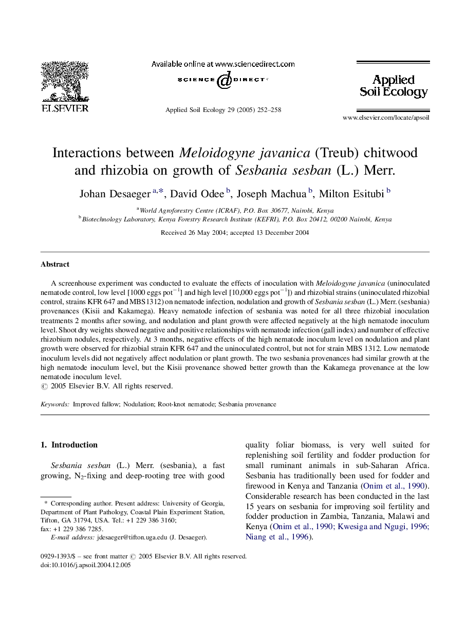 Interactions between Meloidogyne javanica (Treub) chitwood and rhizobia on growth of Sesbania sesban (L.) Merr.