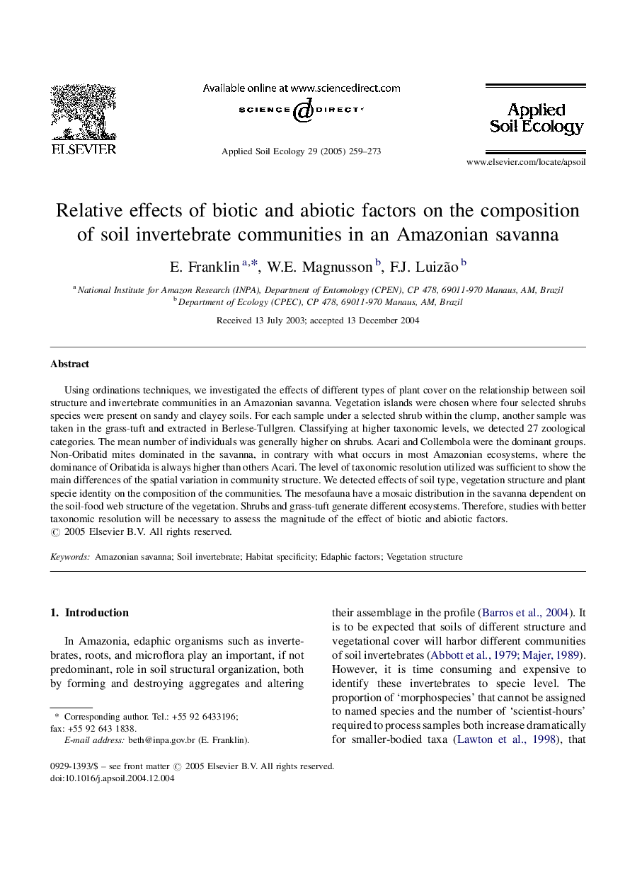 Relative effects of biotic and abiotic factors on the composition of soil invertebrate communities in an Amazonian savanna