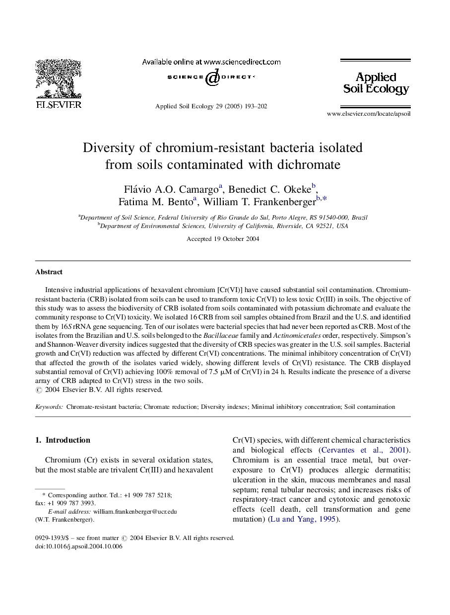 Diversity of chromium-resistant bacteria isolated from soils contaminated with dichromate