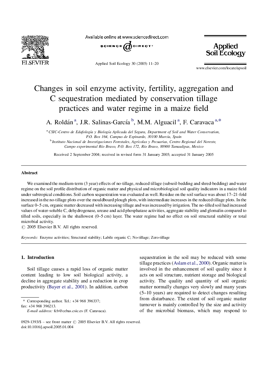 Changes in soil enzyme activity, fertility, aggregation and C sequestration mediated by conservation tillage practices and water regime in a maize field