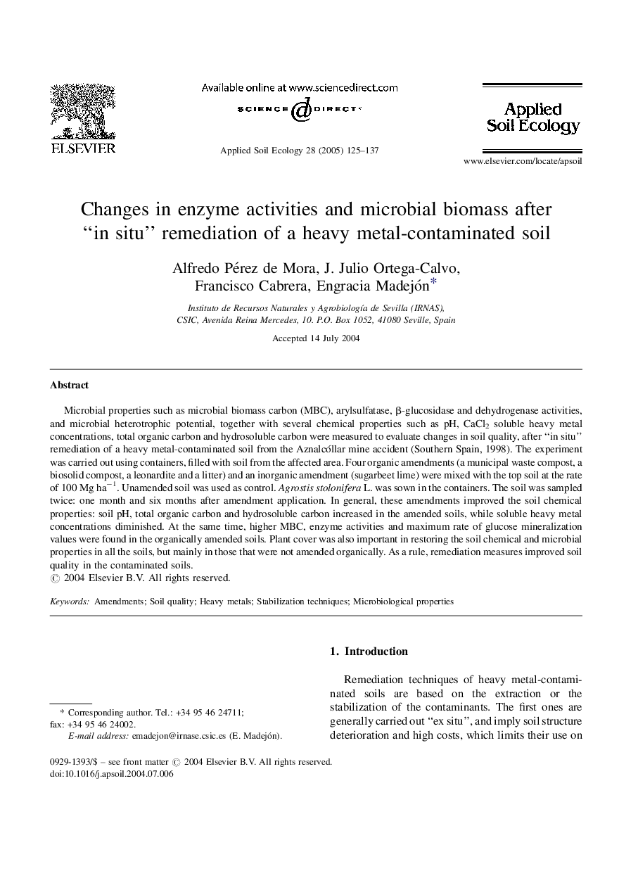 Changes in enzyme activities and microbial biomass after “in situ” remediation of a heavy metal-contaminated soil