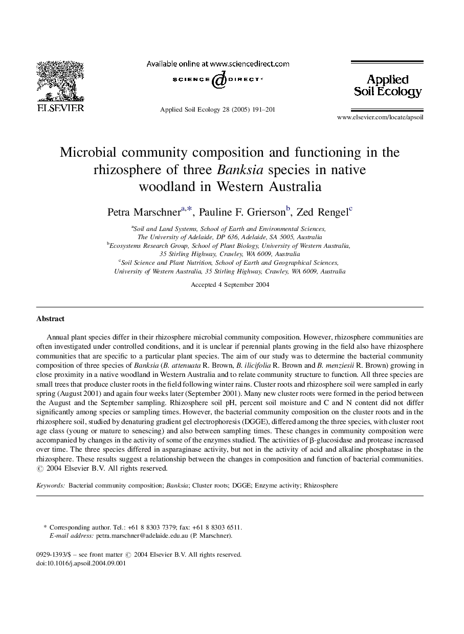 Microbial community composition and functioning in the rhizosphere of three Banksia species in native woodland in Western Australia