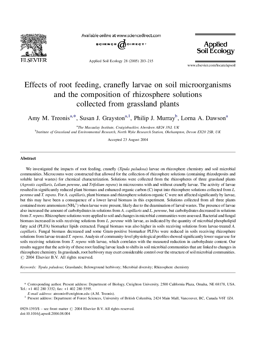 Effects of root feeding, cranefly larvae on soil microorganisms and the composition of rhizosphere solutions collected from grassland plants