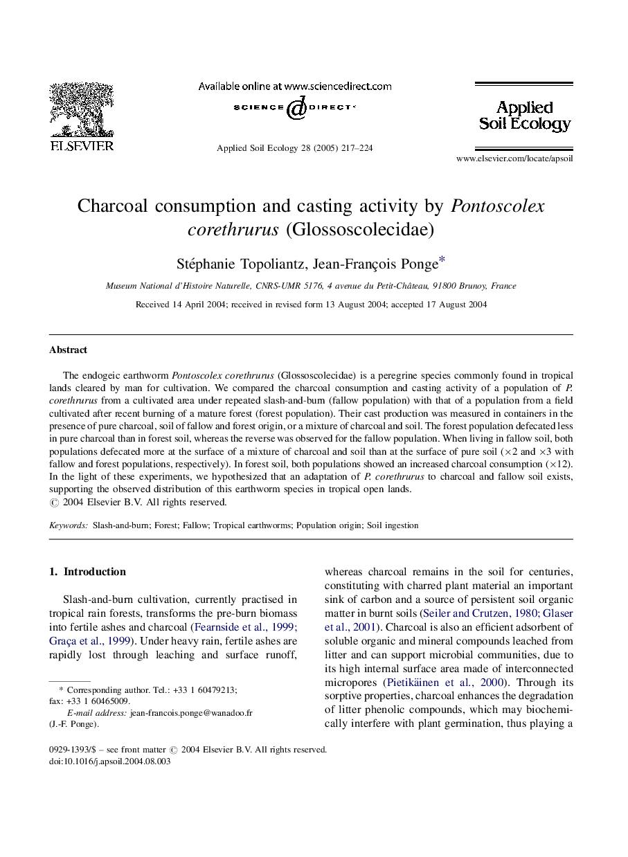 Charcoal consumption and casting activity by Pontoscolex corethrurus (Glossoscolecidae)