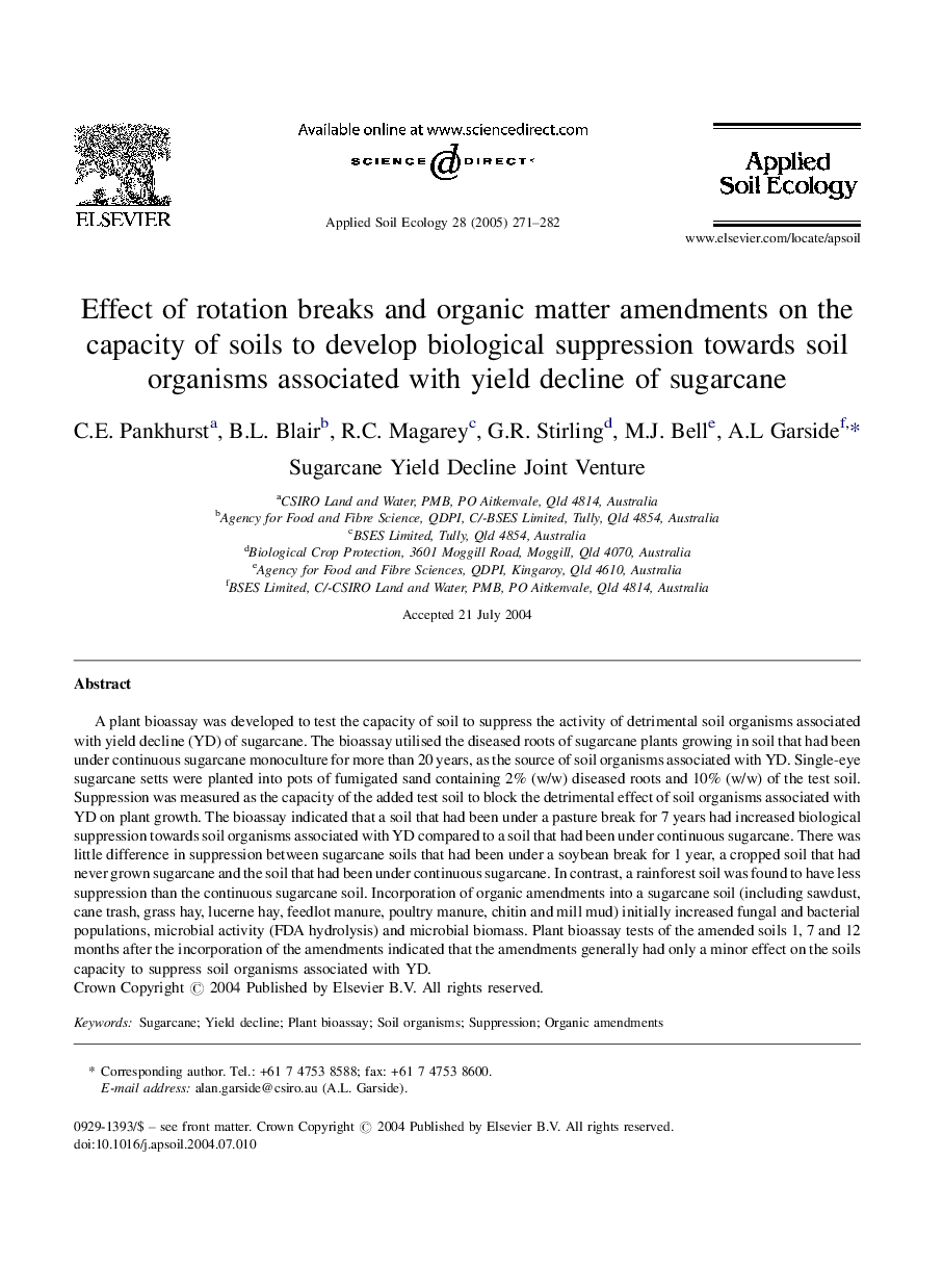 Effect of rotation breaks and organic matter amendments on the capacity of soils to develop biological suppression towards soil organisms associated with yield decline of sugarcane