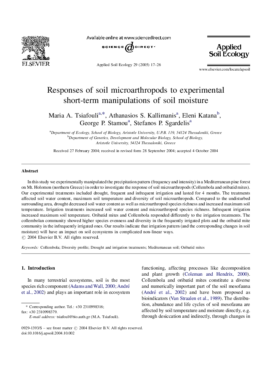 Responses of soil microarthropods to experimental short-term manipulations of soil moisture