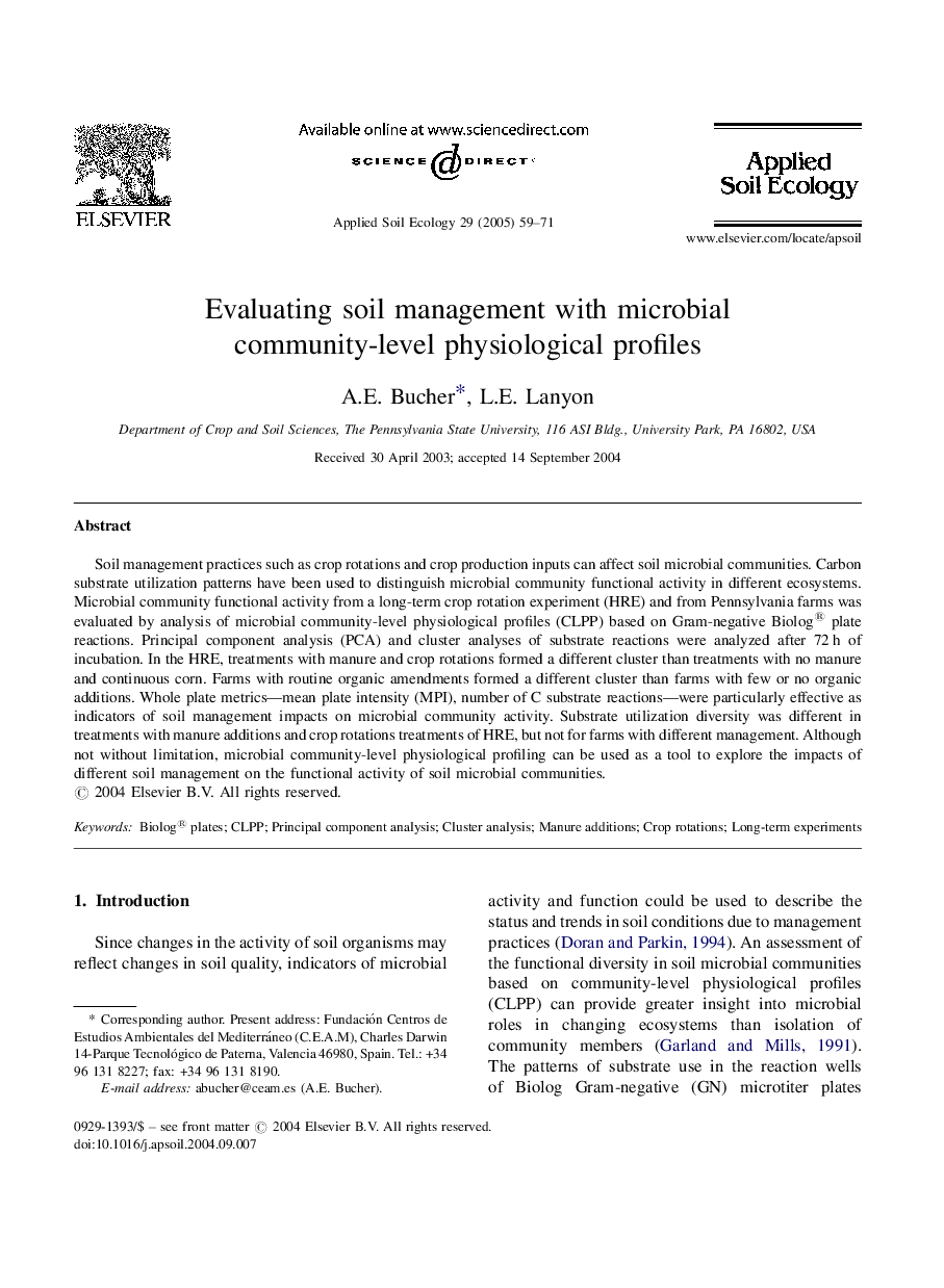 Evaluating soil management with microbial community-level physiological profiles