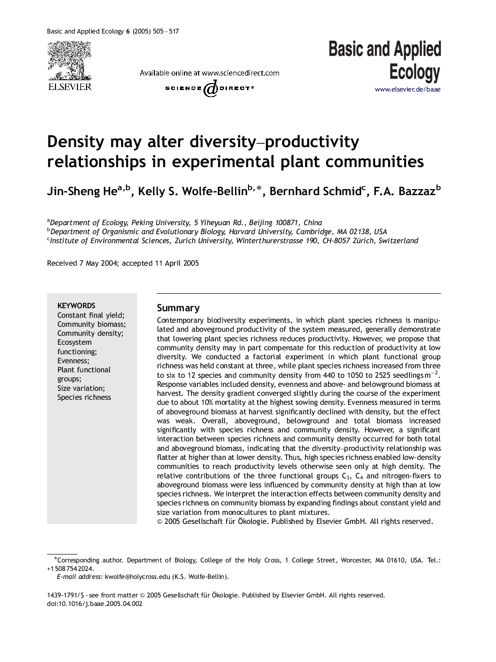 Density may alter diversity-productivity relationships in experimental plant communities