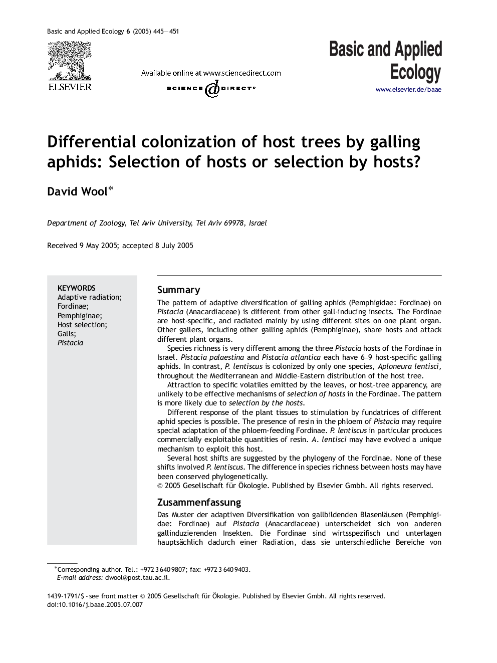 Differential colonization of host trees by galling aphids: Selection of hosts or selection by hosts?