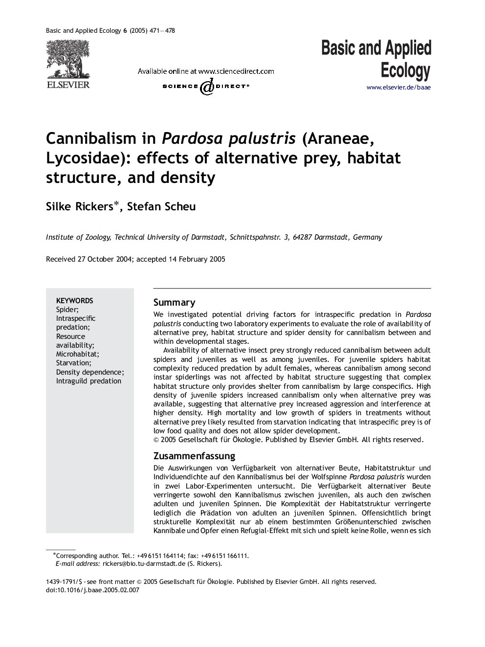 Cannibalism in Pardosa palustris (Araneae, Lycosidae): effects of alternative prey, habitat structure, and density