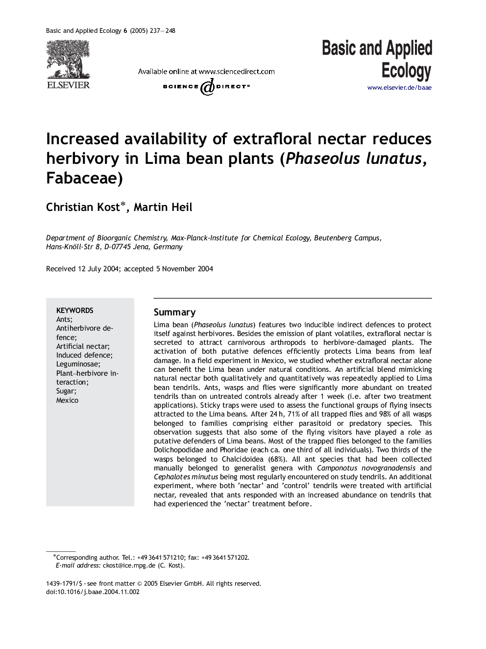 Increased availability of extrafloral nectar reduces herbivory in Lima bean plants (Phaseolus lunatus, Fabaceae)