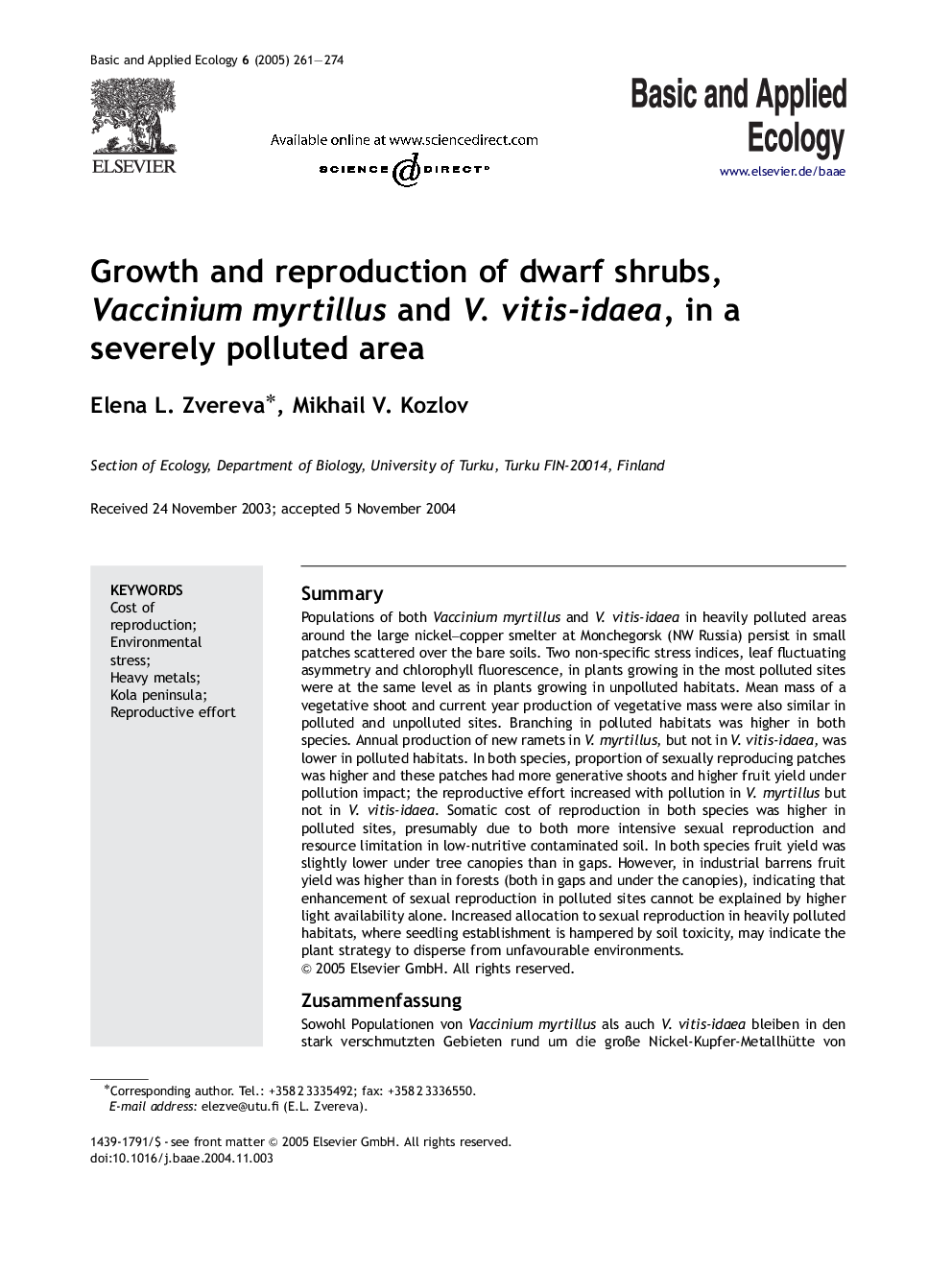 Growth and reproduction of dwarf shrubs, Vaccinium myrtillus and V. vitis-idaea, in a severely polluted area