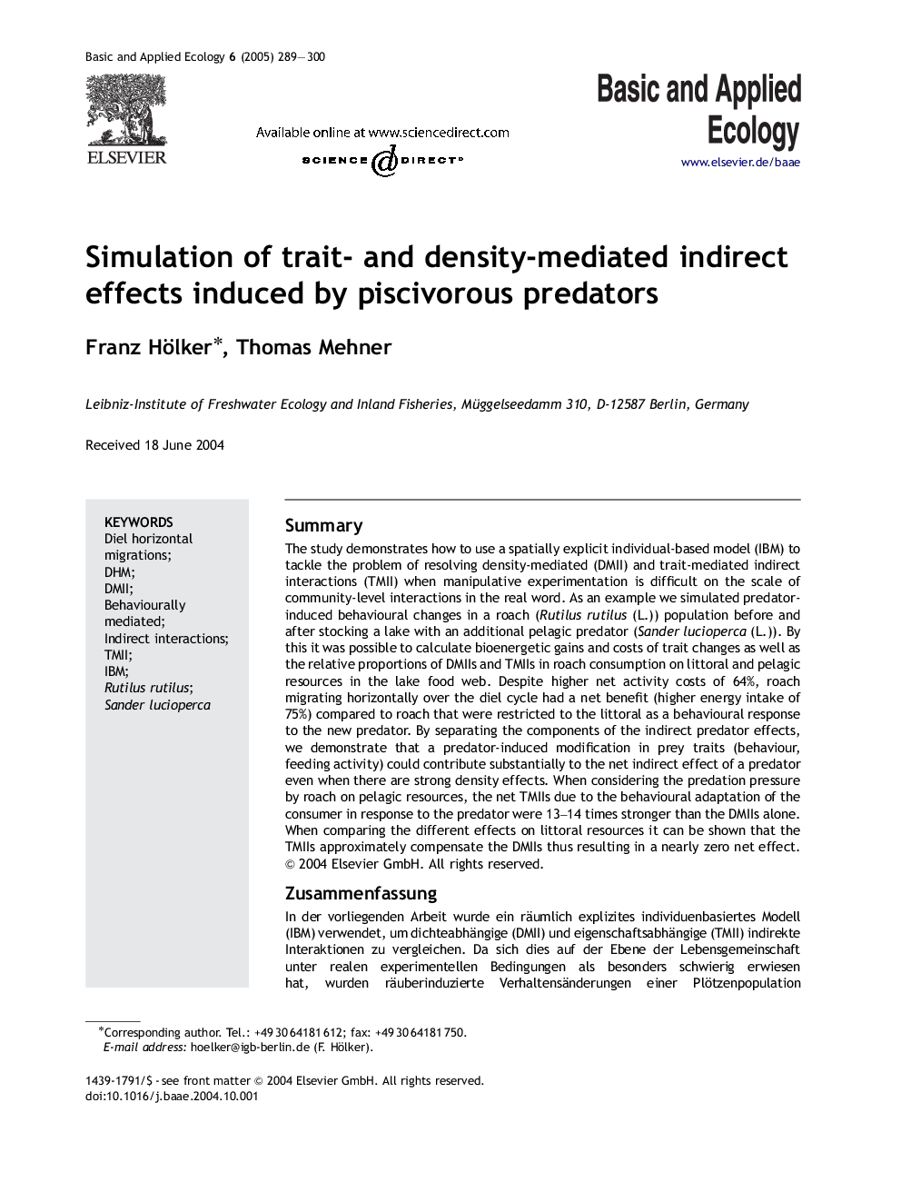Simulation of trait- and density-mediated indirect effects induced by piscivorous predators