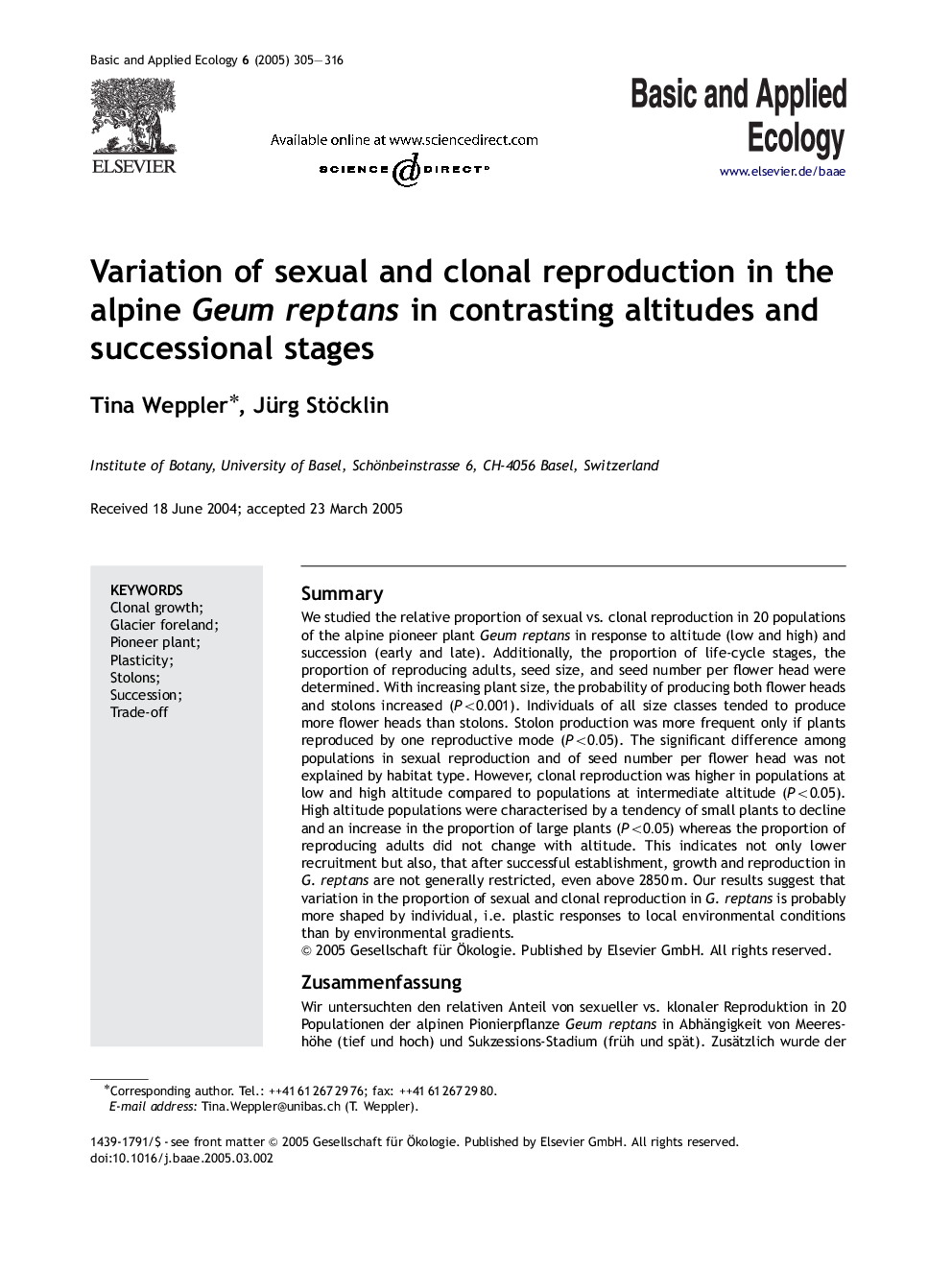 Variation of sexual and clonal reproduction in the alpine Geum reptans in contrasting altitudes and successional stages
