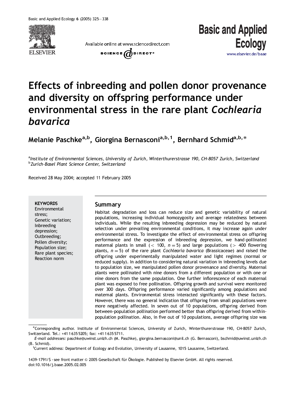 Effects of inbreeding and pollen donor provenance and diversity on offspring performance under environmental stress in the rare plant Cochlearia bavarica