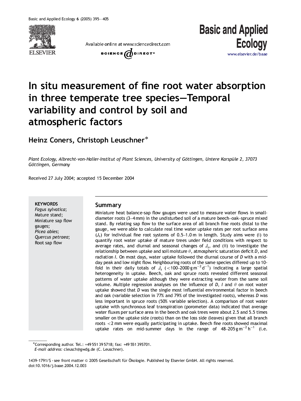 In situ measurement of fine root water absorption in three temperate tree species-Temporal variability and control by soil and atmospheric factors