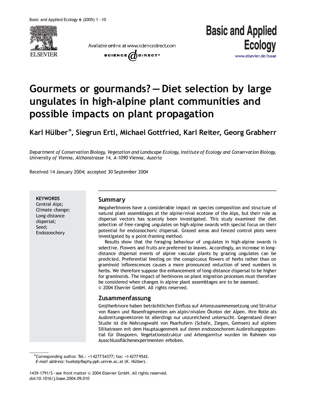 Gourmets or gourmands?Â -Â Diet selection by large ungulates in high-alpine plant communities and possible impacts on plant propagation