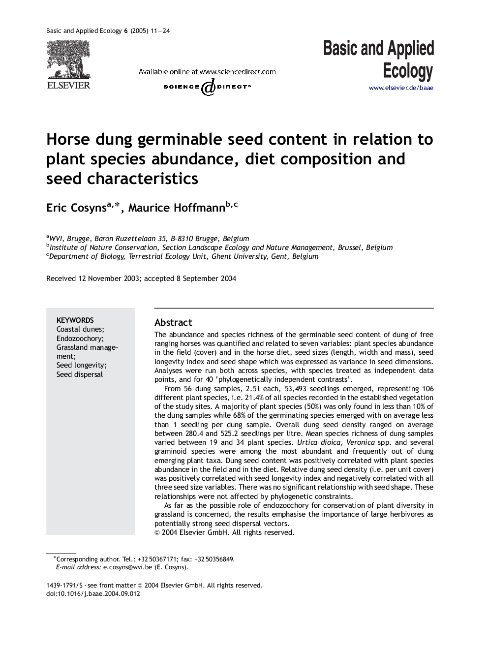 Horse dung germinable seed content in relation to plant species abundance, diet composition and seed characteristics