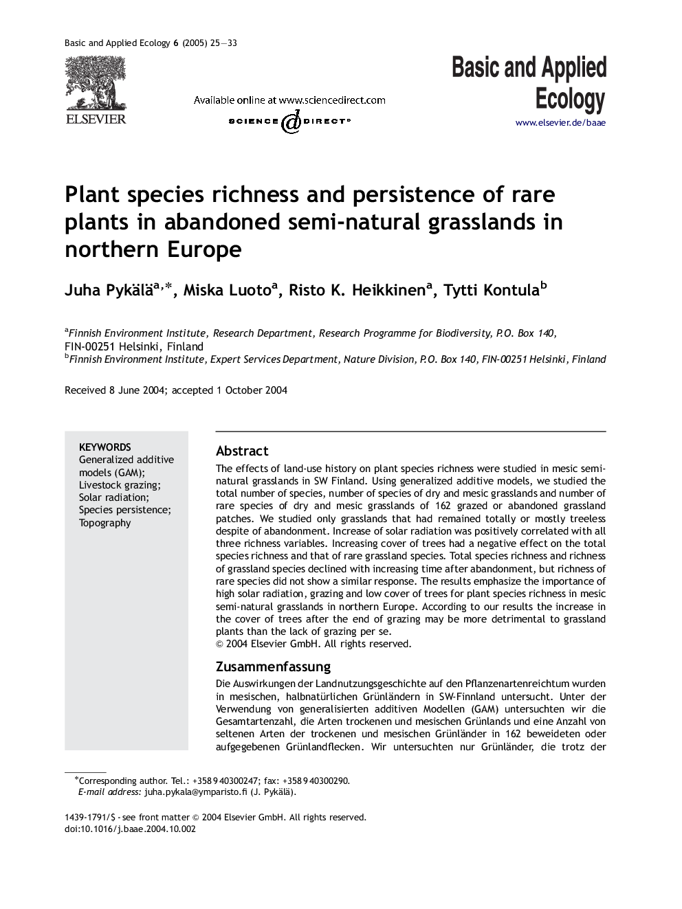 Plant species richness and persistence of rare plants in abandoned semi-natural grasslands in northern Europe