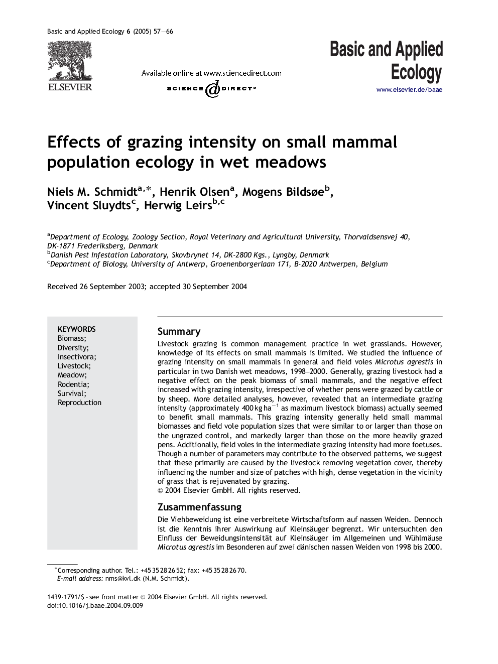 Effects of grazing intensity on small mammal population ecology in wet meadows