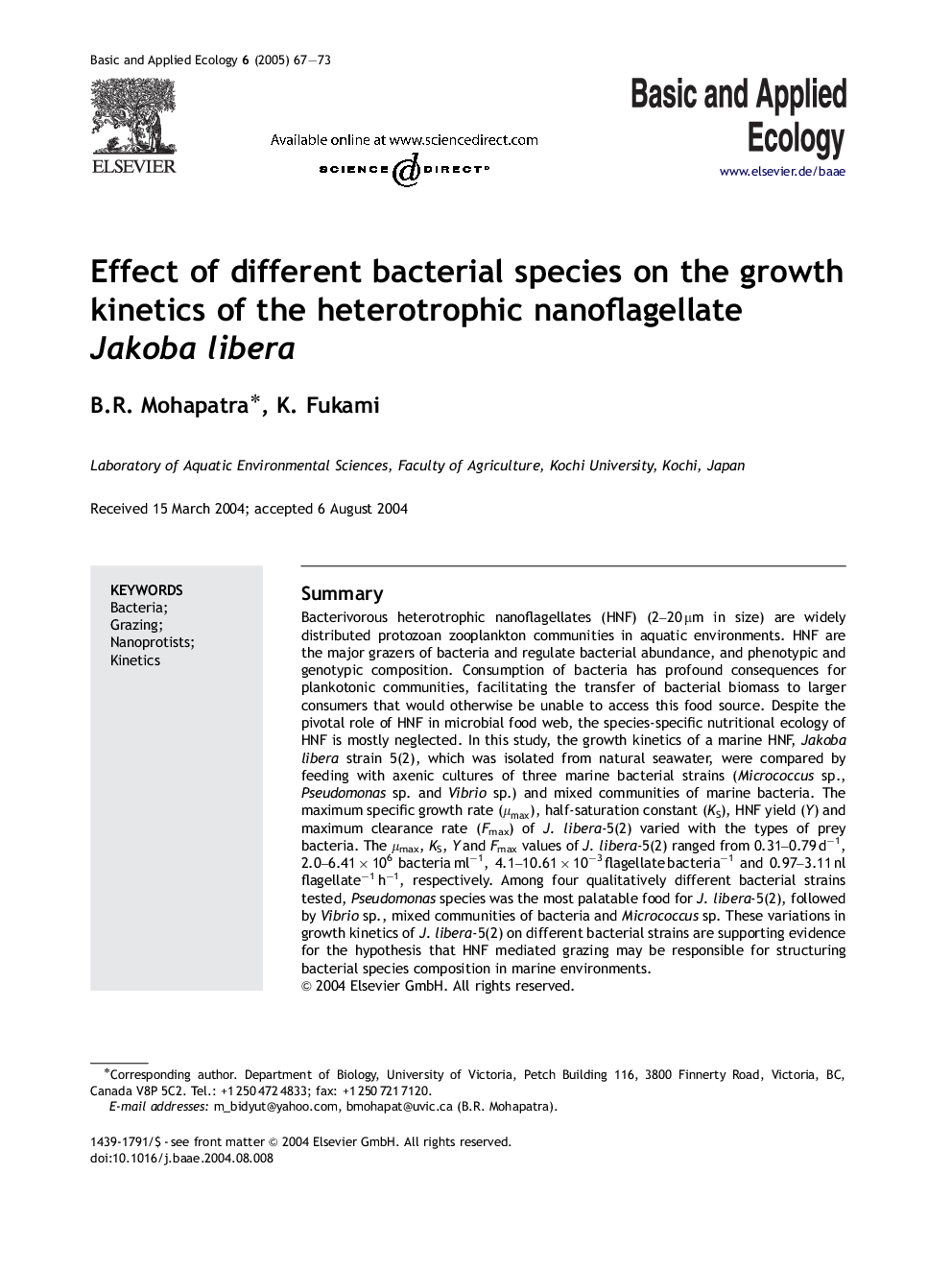 Effect of different bacterial species on the growth kinetics of the heterotrophic nanoflagellate Jakoba libera