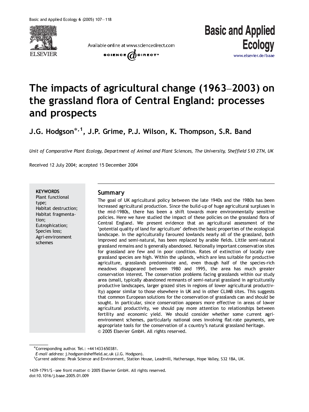 The impacts of agricultural change (1963-2003) on the grassland flora of Central England: processes and prospects