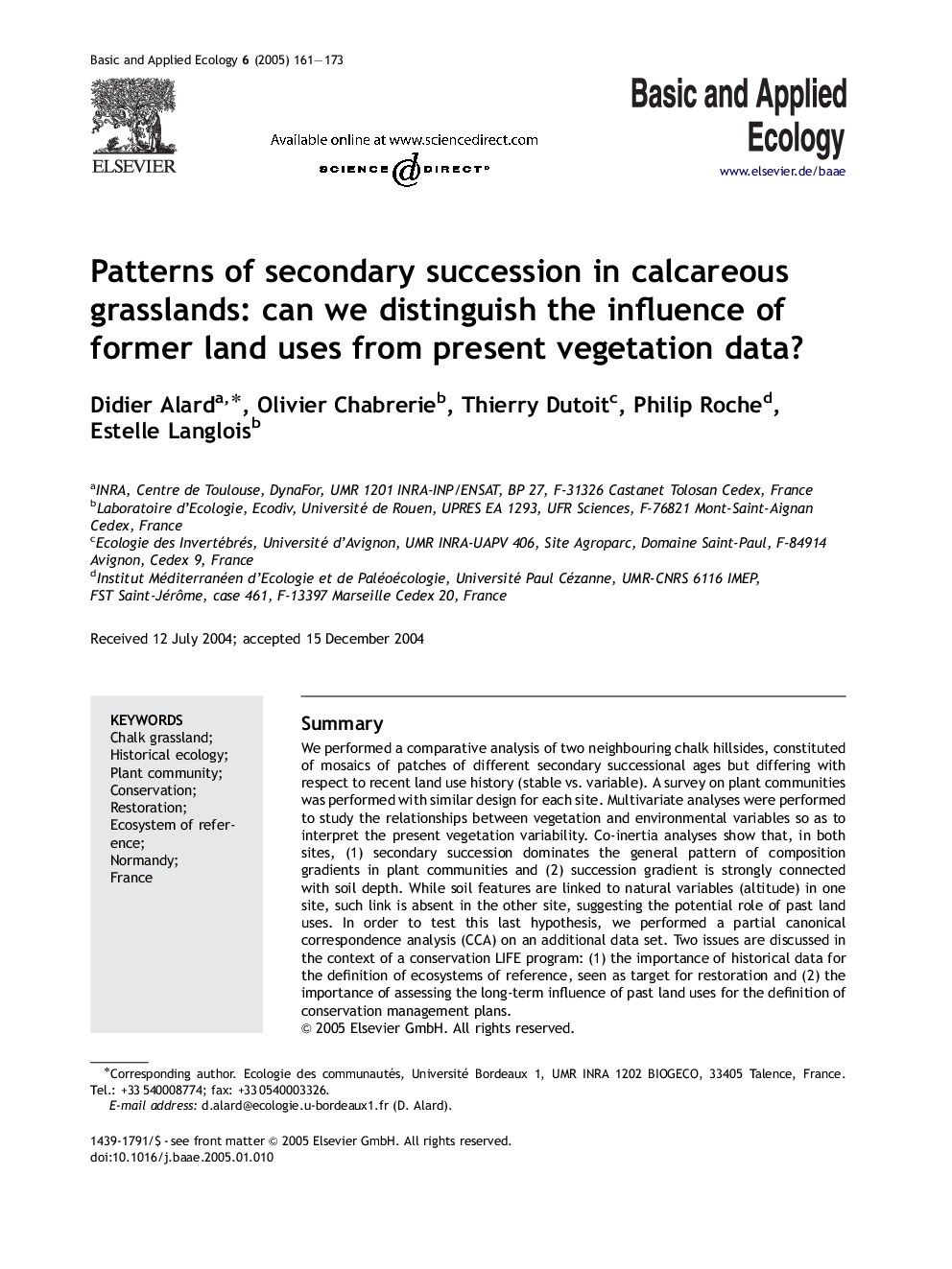 Patterns of secondary succession in calcareous grasslands: can we distinguish the influence of former land uses from present vegetation data?