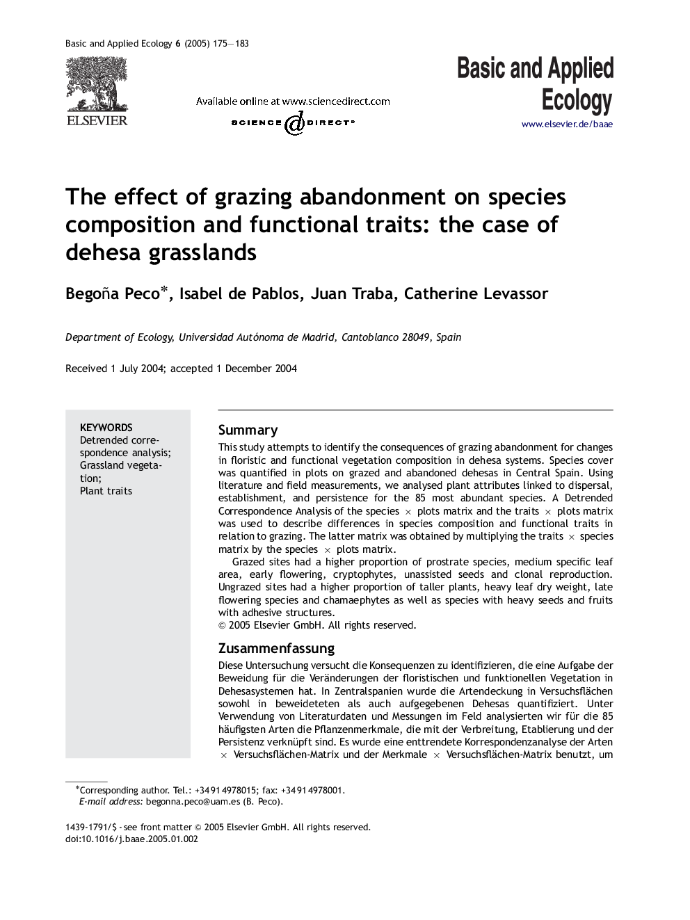 The effect of grazing abandonment on species composition and functional traits: the case of dehesa grasslands