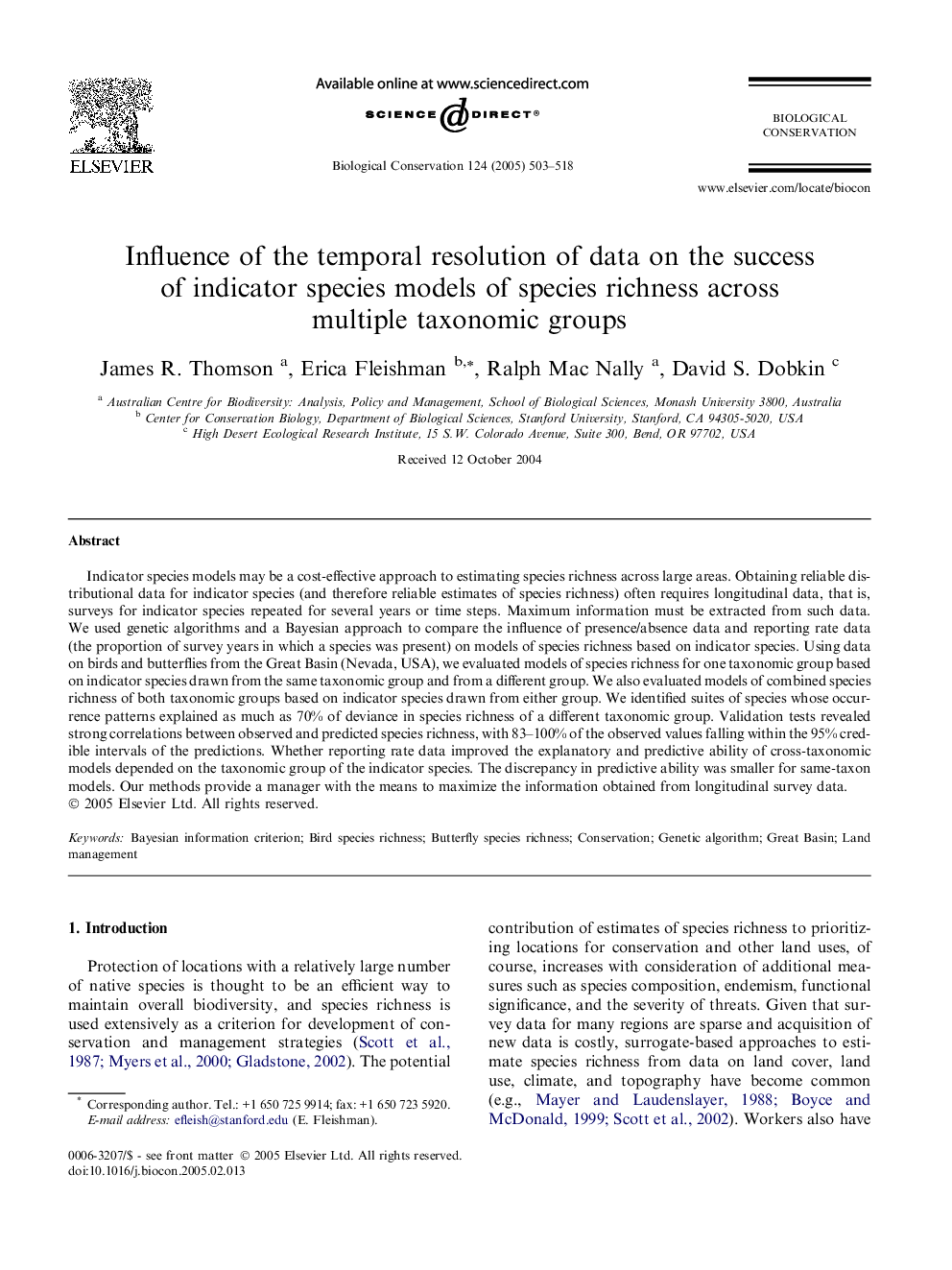 Influence of the temporal resolution of data on the success of indicator species models of species richness across multiple taxonomic groups