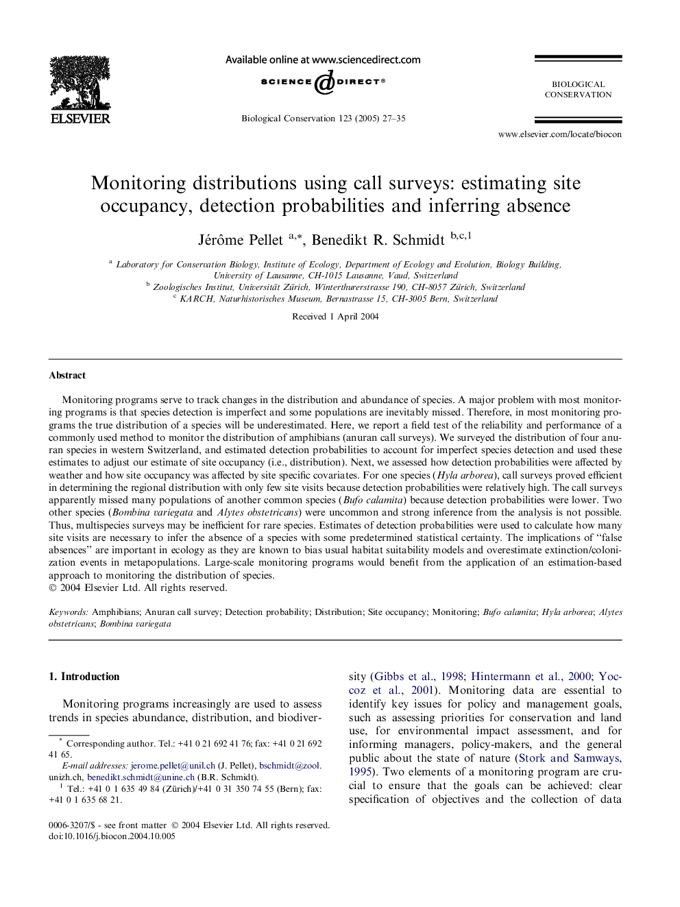 Monitoring distributions using call surveys: estimating site occupancy, detection probabilities and inferring absence