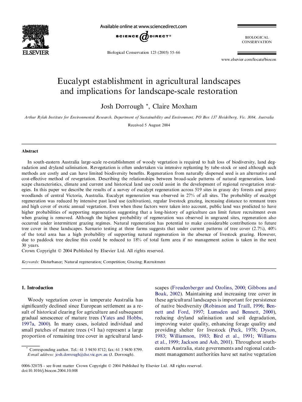 Eucalypt establishment in agricultural landscapes and implications for landscape-scale restoration