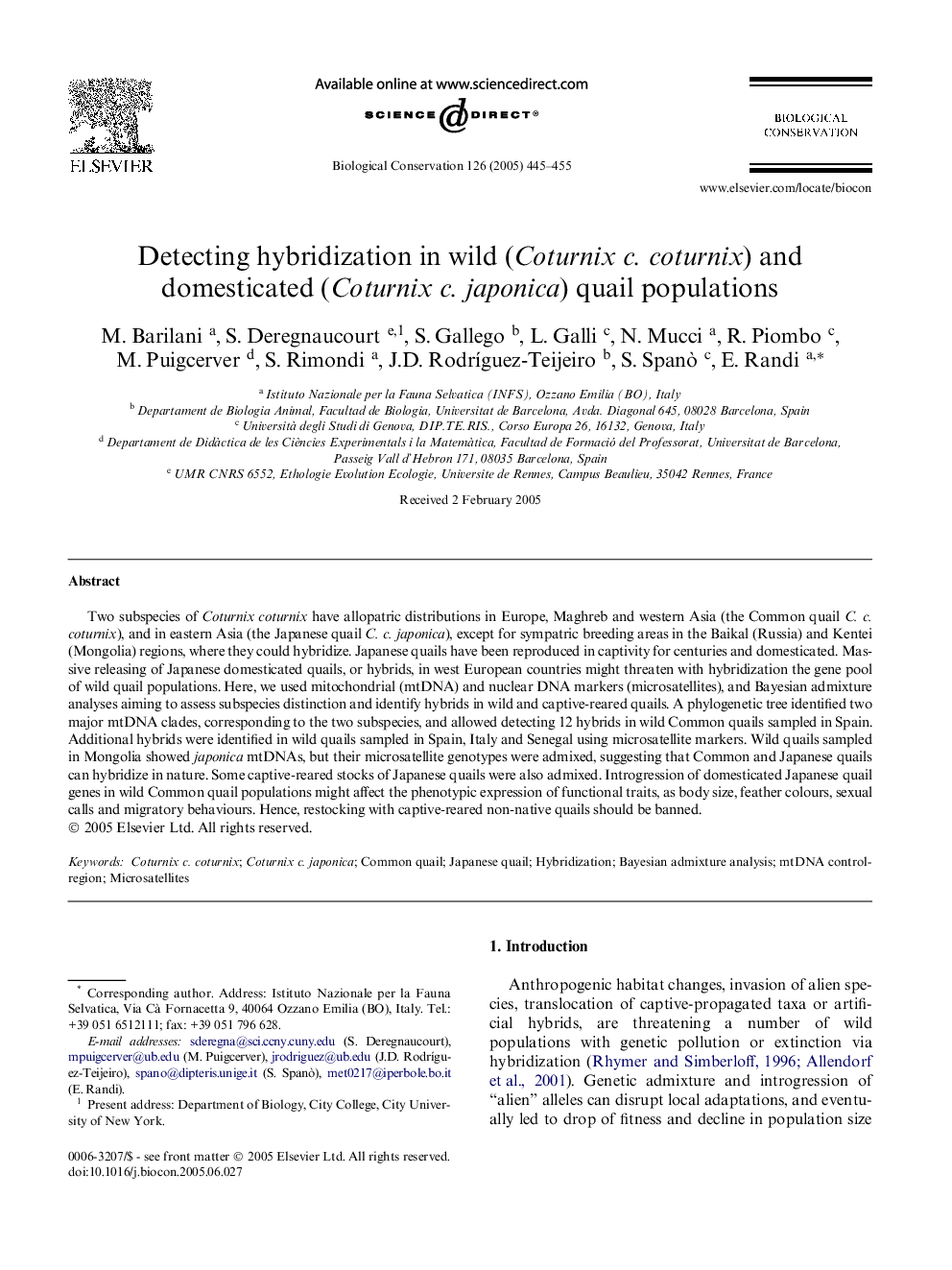 Detecting hybridization in wild (Coturnix c. coturnix) and domesticated (Coturnix c. japonica) quail populations