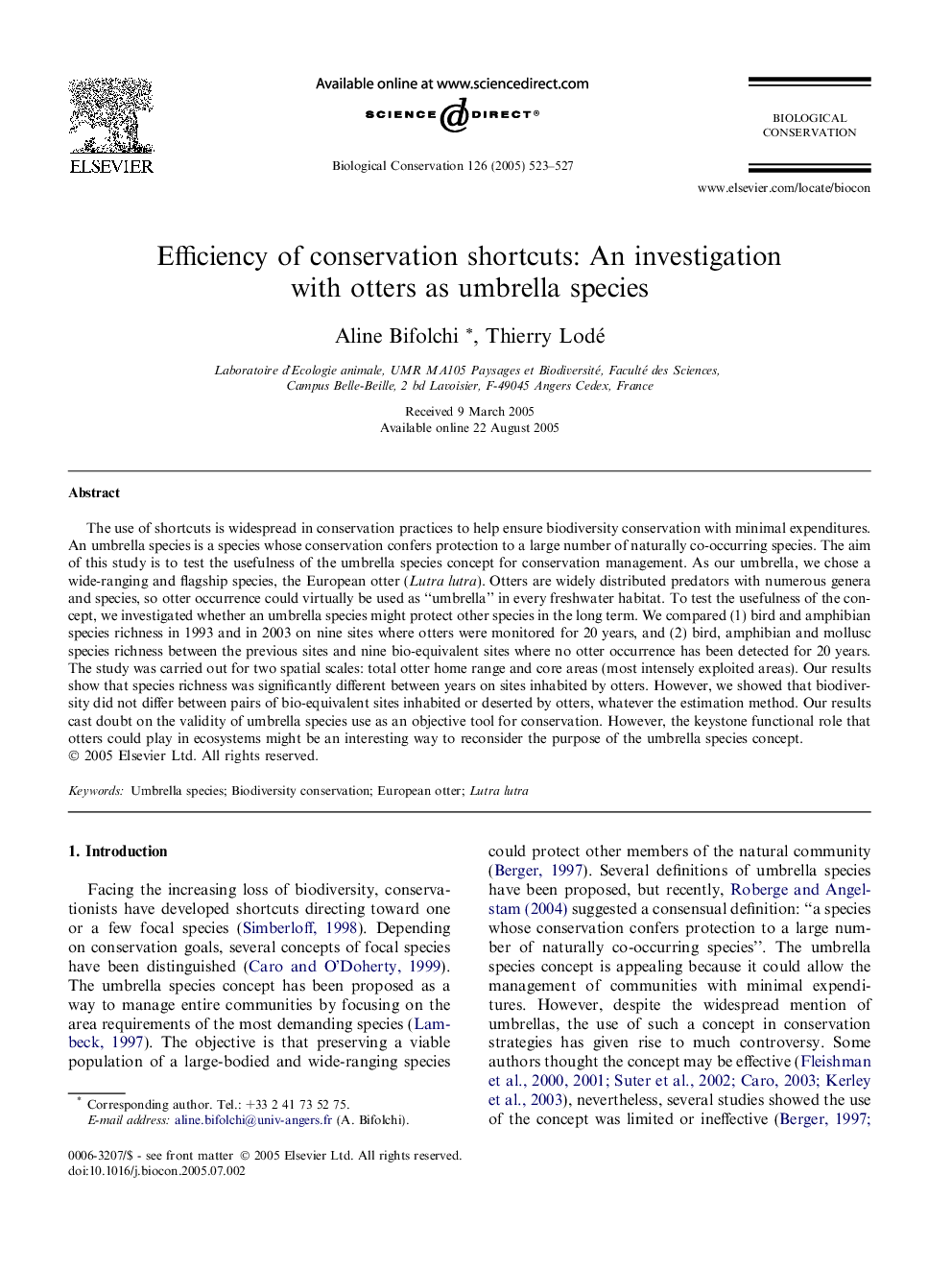 Efficiency of conservation shortcuts: an investigation with otters as umbrella species