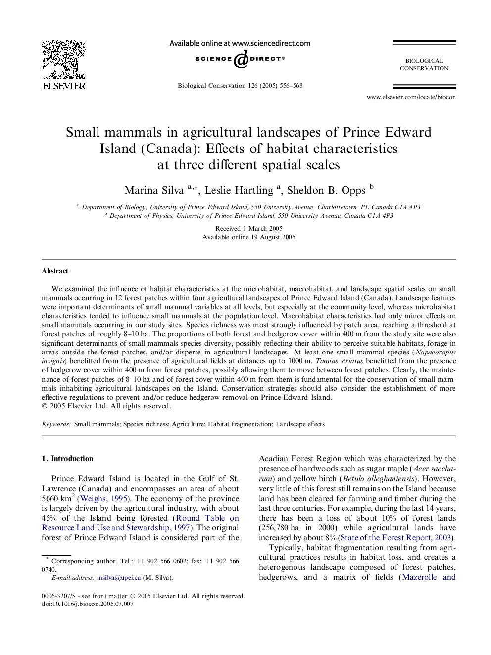 Small mammals in agricultural landscapes of Prince Edward Island (Canada): Effects of habitat characteristics at three different spatial scales