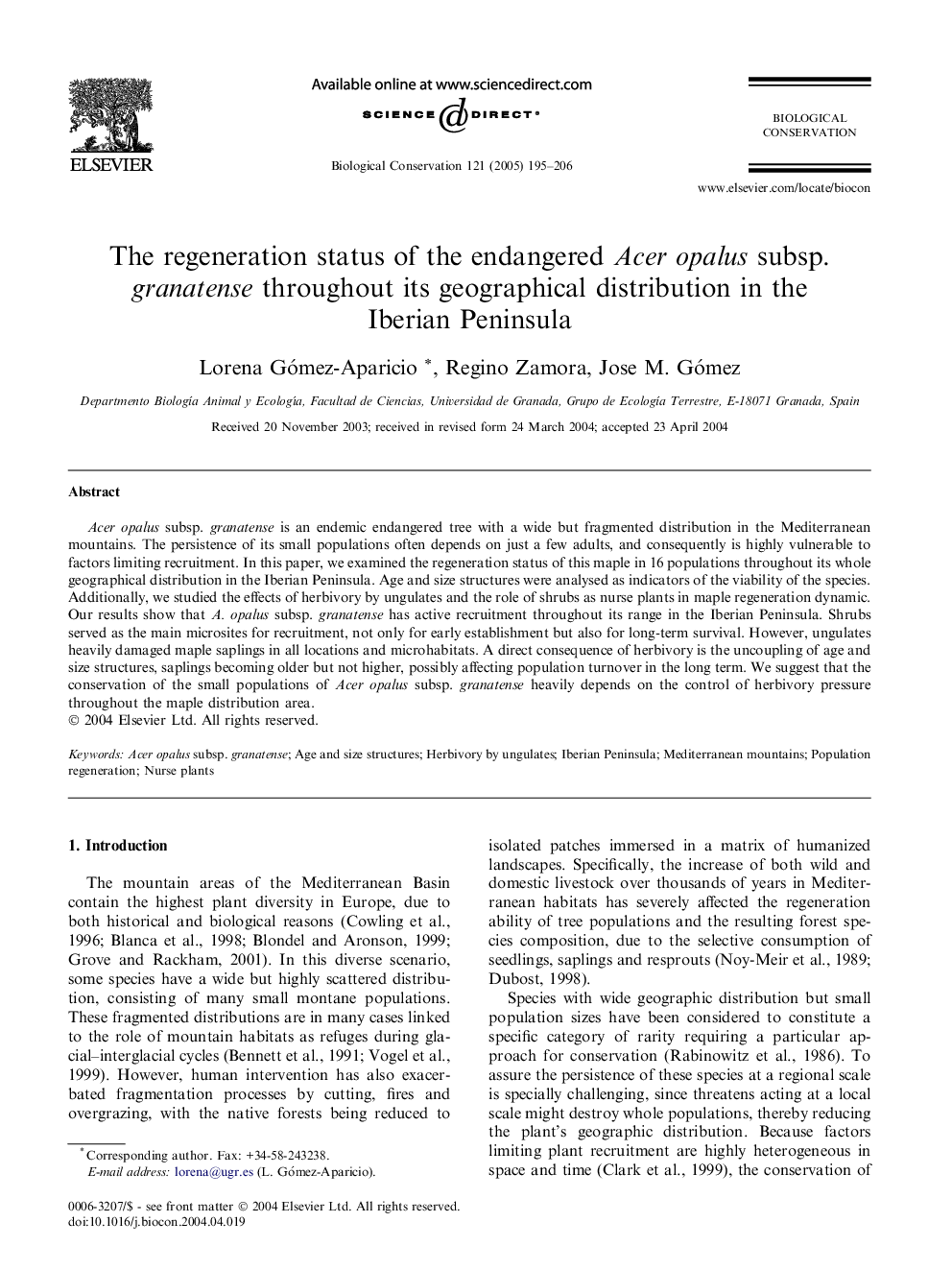 The regeneration status of the endangered Acer opalus subsp. granatense throughout its geographical distribution in the Iberian Peninsula