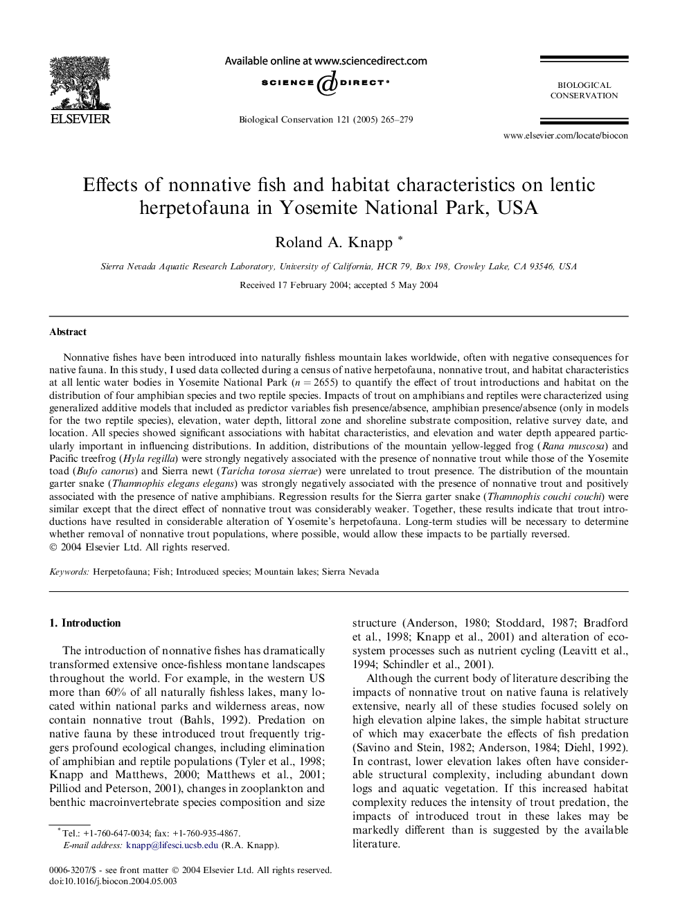 Effects of nonnative fish and habitat characteristics on lentic herpetofauna in Yosemite National Park, USA