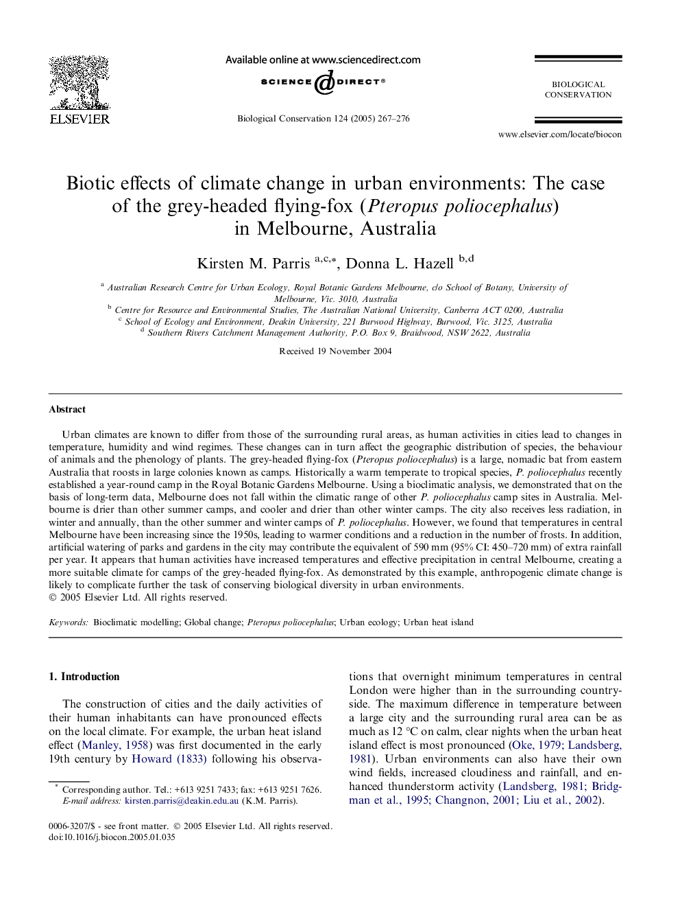 Biotic effects of climate change in urban environments: The case of the grey-headed flying-fox (Pteropus poliocephalus) in Melbourne, Australia