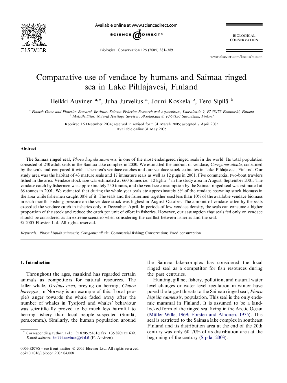 Comparative use of vendace by humans and Saimaa ringed seal in Lake Pihlajavesi, Finland