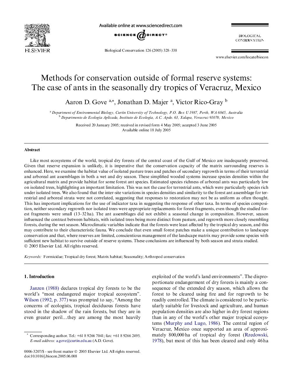 Methods for conservation outside of formal reserve systems: The case of ants in the seasonally dry tropics of Veracruz, Mexico