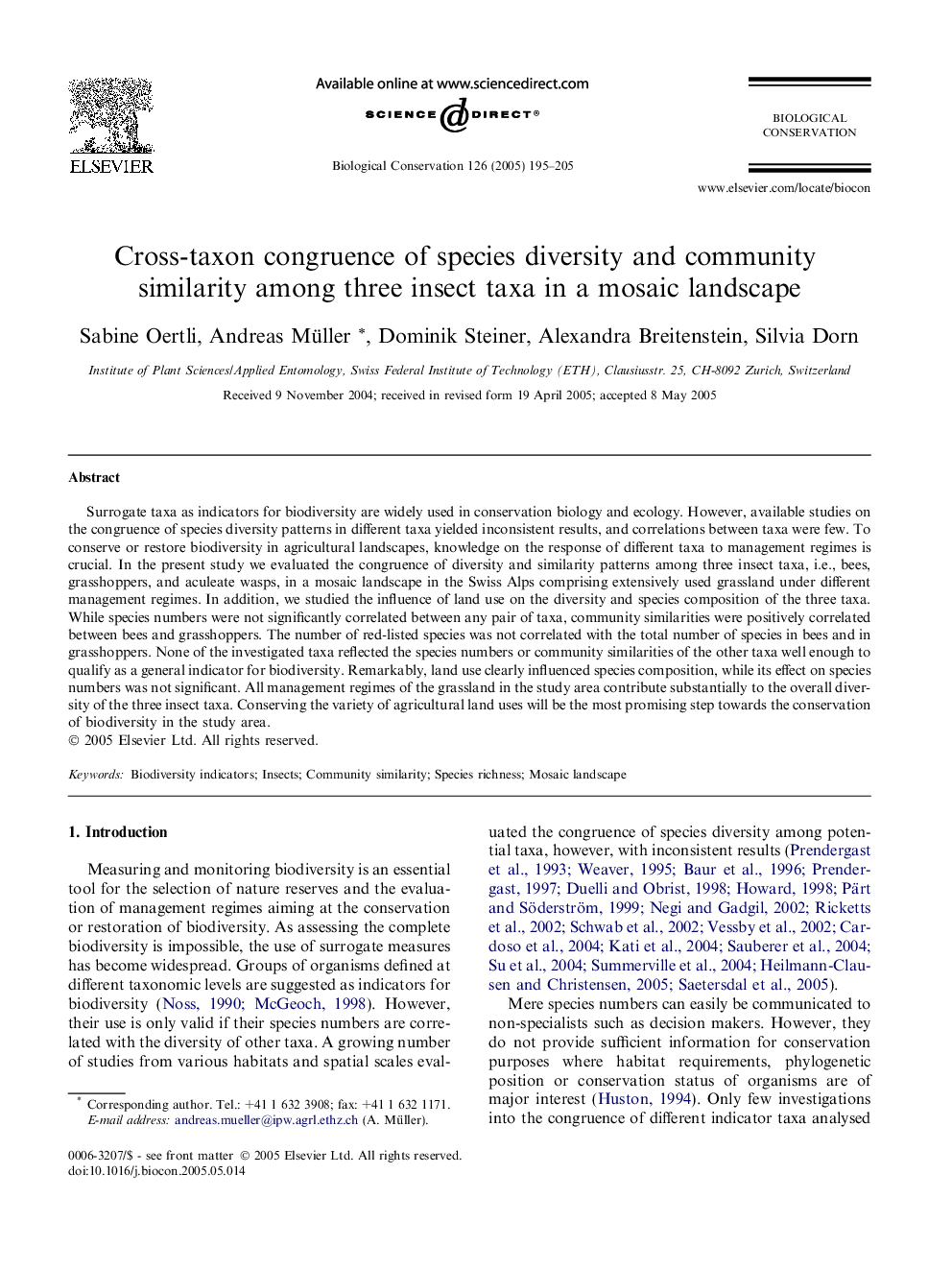 Cross-taxon congruence of species diversity and community similarity among three insect taxa in a mosaic landscape