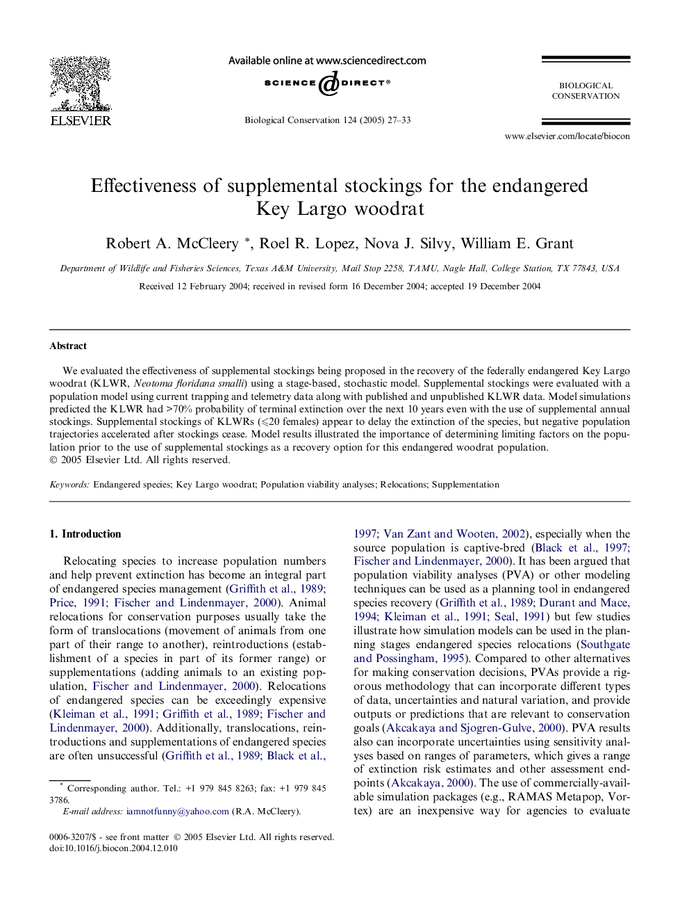 Effectiveness of supplemental stockings for the endangered Key Largo woodrat