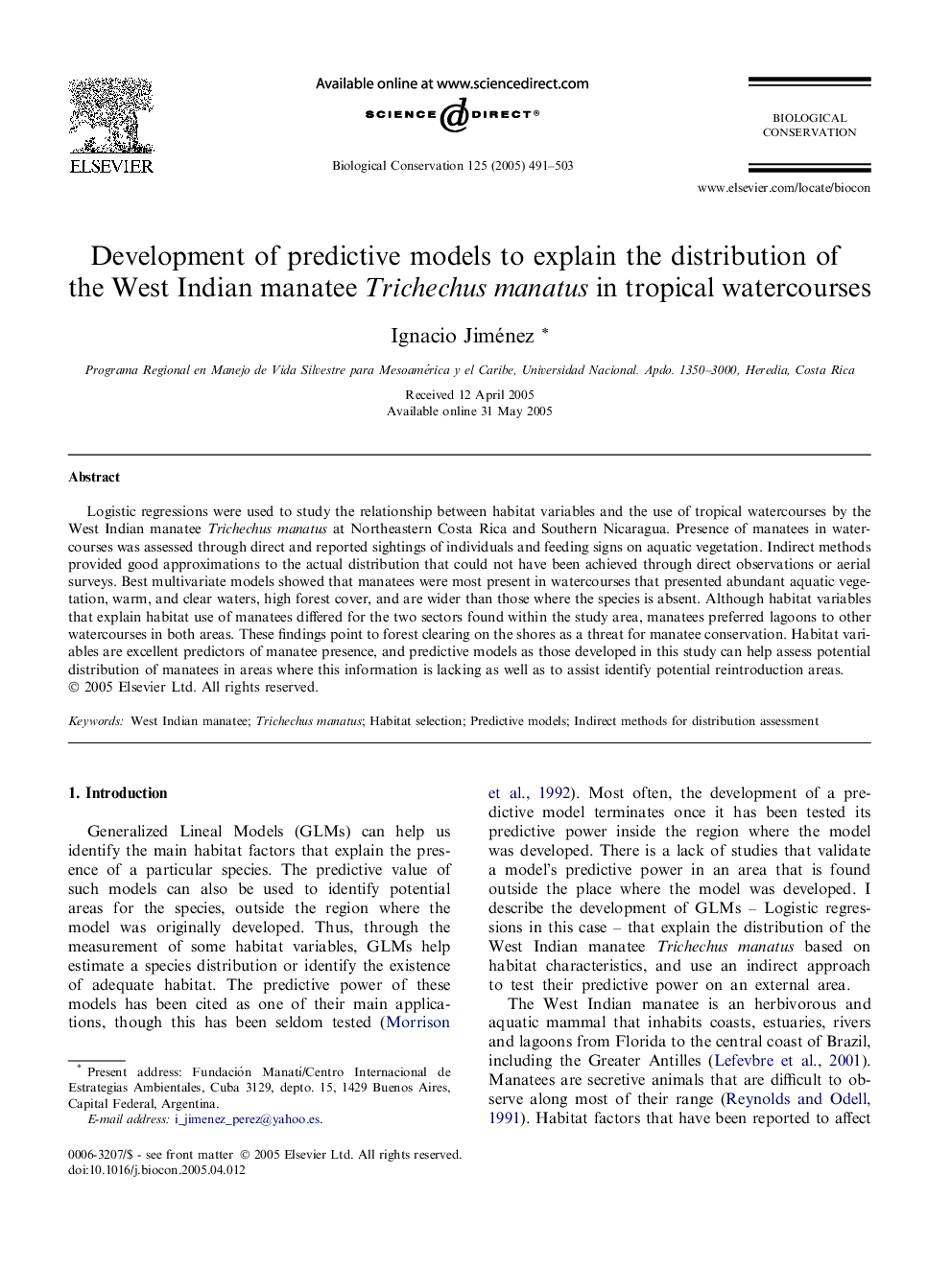 Development of predictive models to explain the distribution of the West Indian manatee Trichechus manatus in tropical watercourses