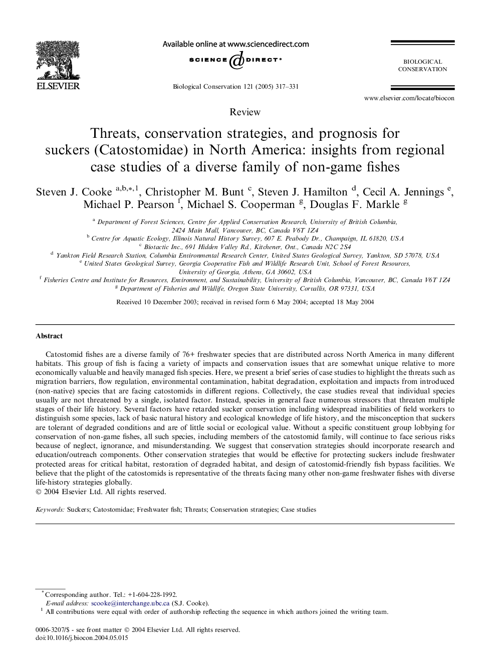 Threats, conservation strategies, and prognosis for suckers (Catostomidae) in North America: insights from regional case studies of a diverse family of non-game fishes