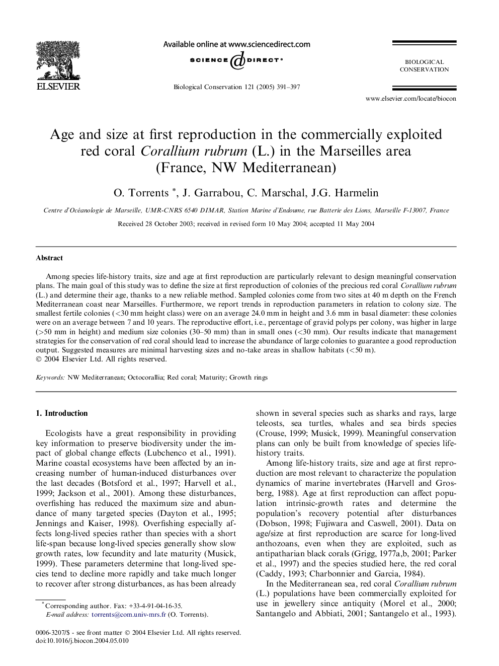 Age and size at first reproduction in the commercially exploited red coral Corallium rubrum (L.) in the Marseilles area (France, NW Mediterranean)