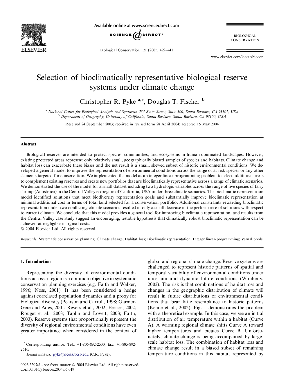 Selection of bioclimatically representative biological reserve systems under climate change