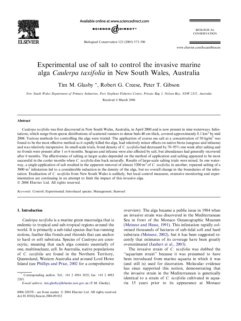 Experimental use of salt to control the invasive marine alga Caulerpa taxifolia in New South Wales, Australia