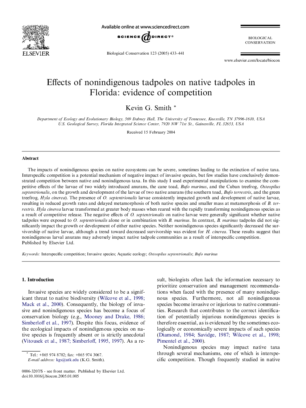 Effects of nonindigenous tadpoles on native tadpoles in Florida: evidence of competition