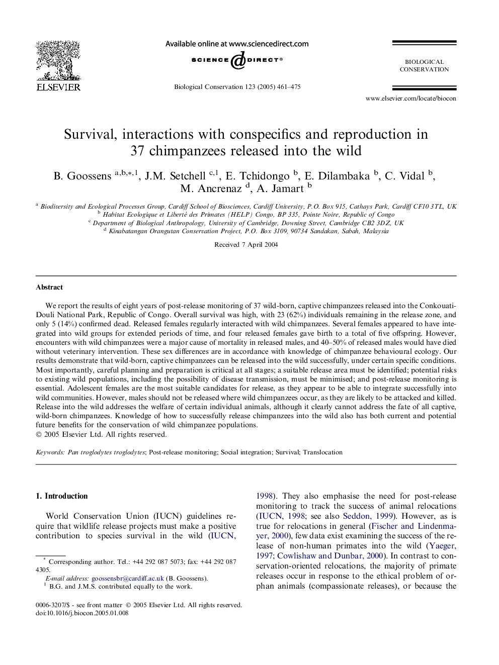 Survival, interactions with conspecifics and reproduction in 37 chimpanzees released into the wild