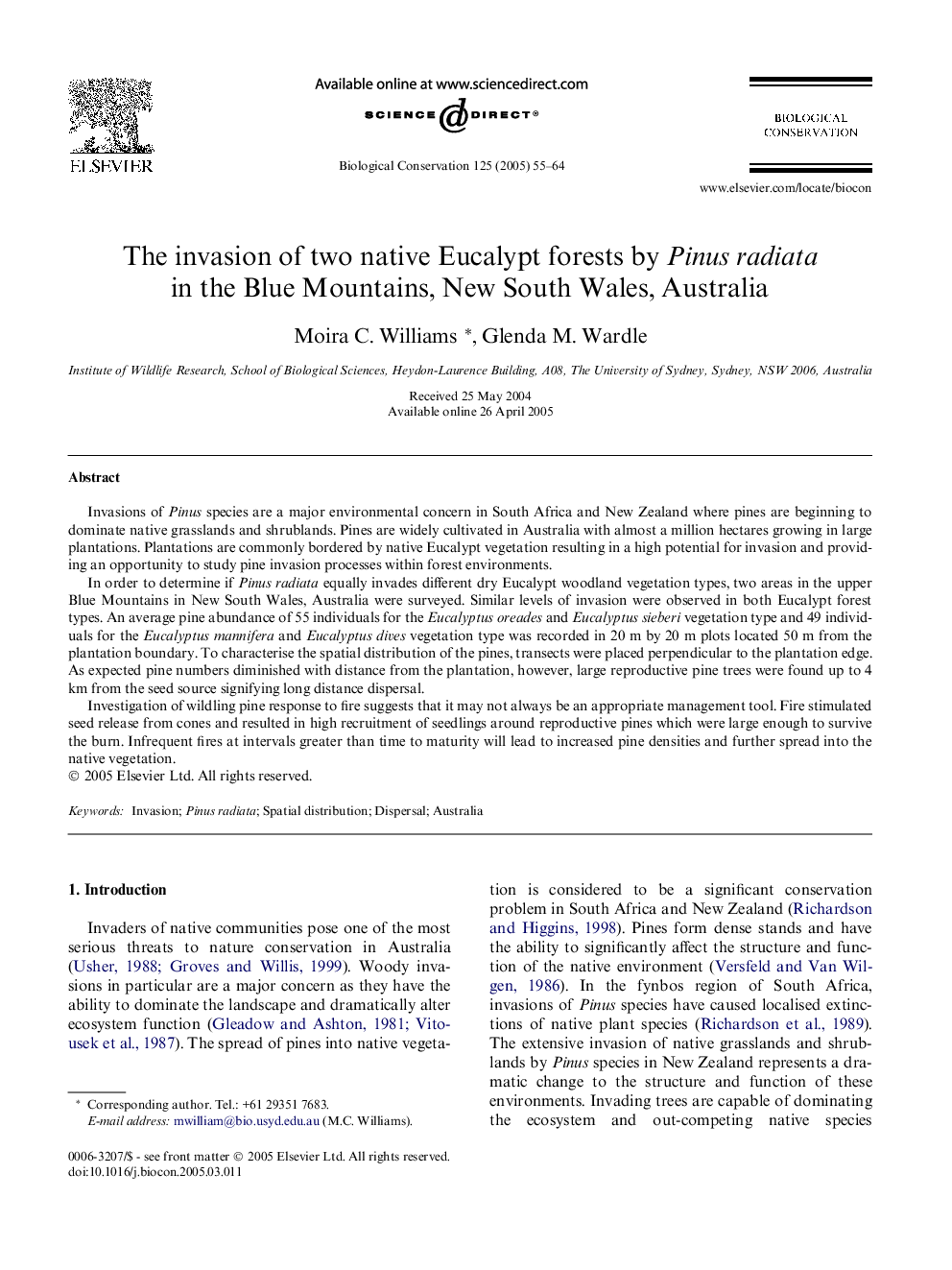 The invasion of two native Eucalypt forests by Pinus radiata in the Blue Mountains, New South Wales, Australia